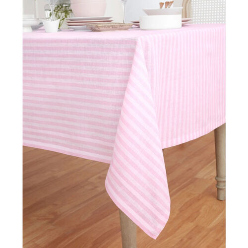 Cherry Blossom and White Striped Linen Tablecloth